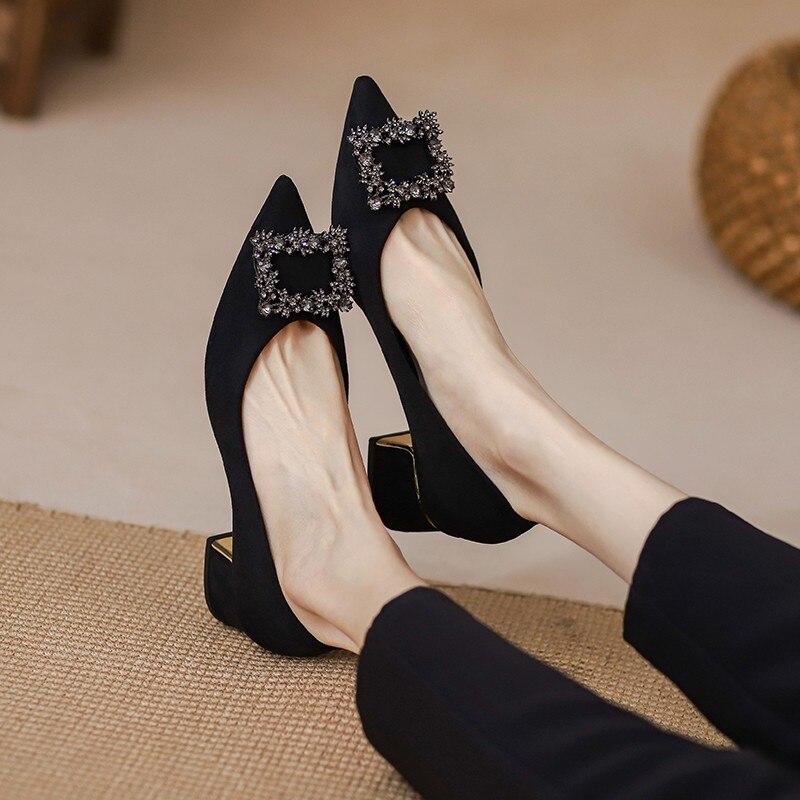 Hnewly 5Cm Autumn New Women Pumps Retro Rhinestone Decorations Shallow Mouth Pointed Toe Square Heel Elegant Slip On Mule Shoes