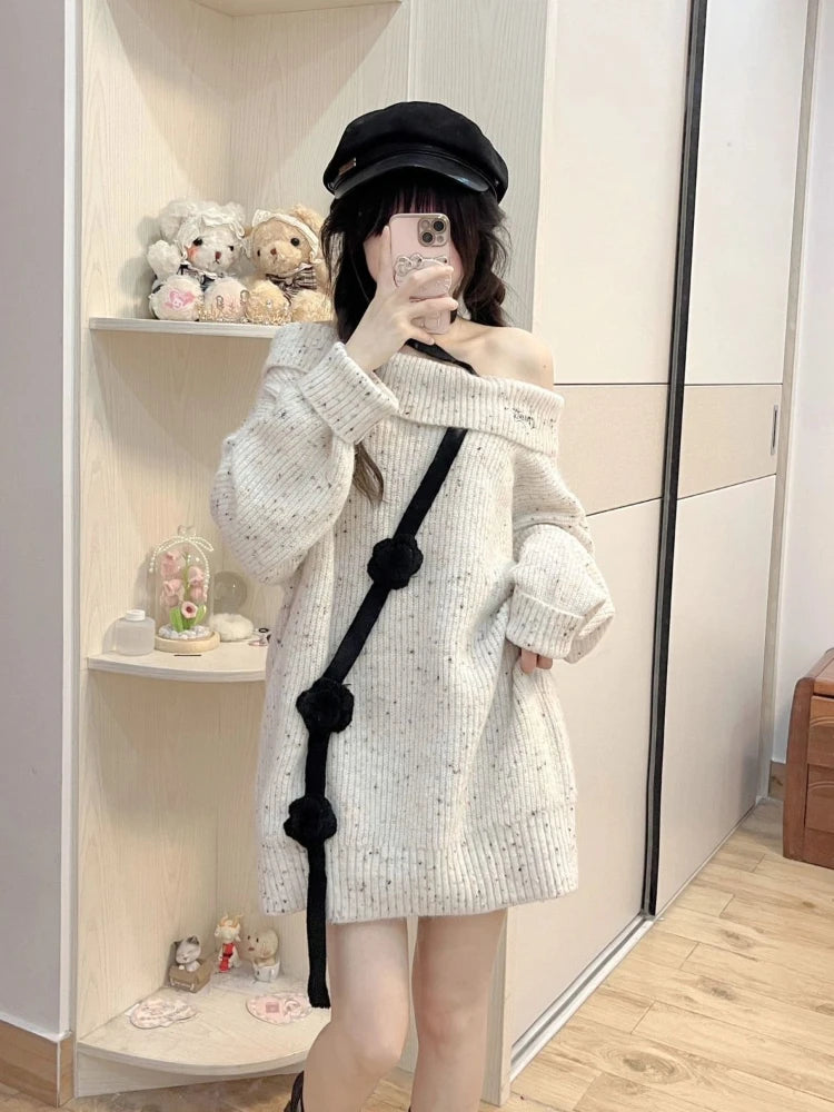 Hnewly Korean Style Sweet Sweaters Women Sexy Off Shoulder Knitted Pullover Elegant Kawaii Autumn Winter Long Sleeve Sweaters