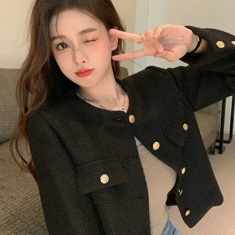 Hnewly outfit inspo winter Wool Coat Women Jacket Short Autumn Winter Cardigan Long Sleeve Top Single Breasted Tweed Versatile Wool Top Full Sleeve