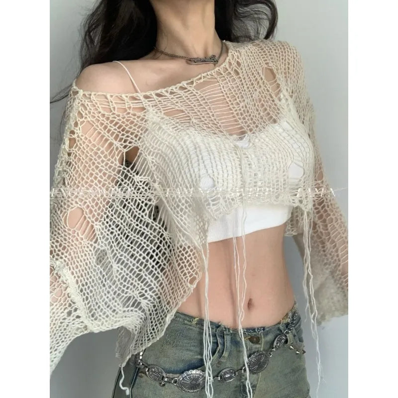 Hnewly Y2K White Women's Sweater Hollow Out Knitwear Cropped Pullovers Spring Short Networks Jumper Vintage