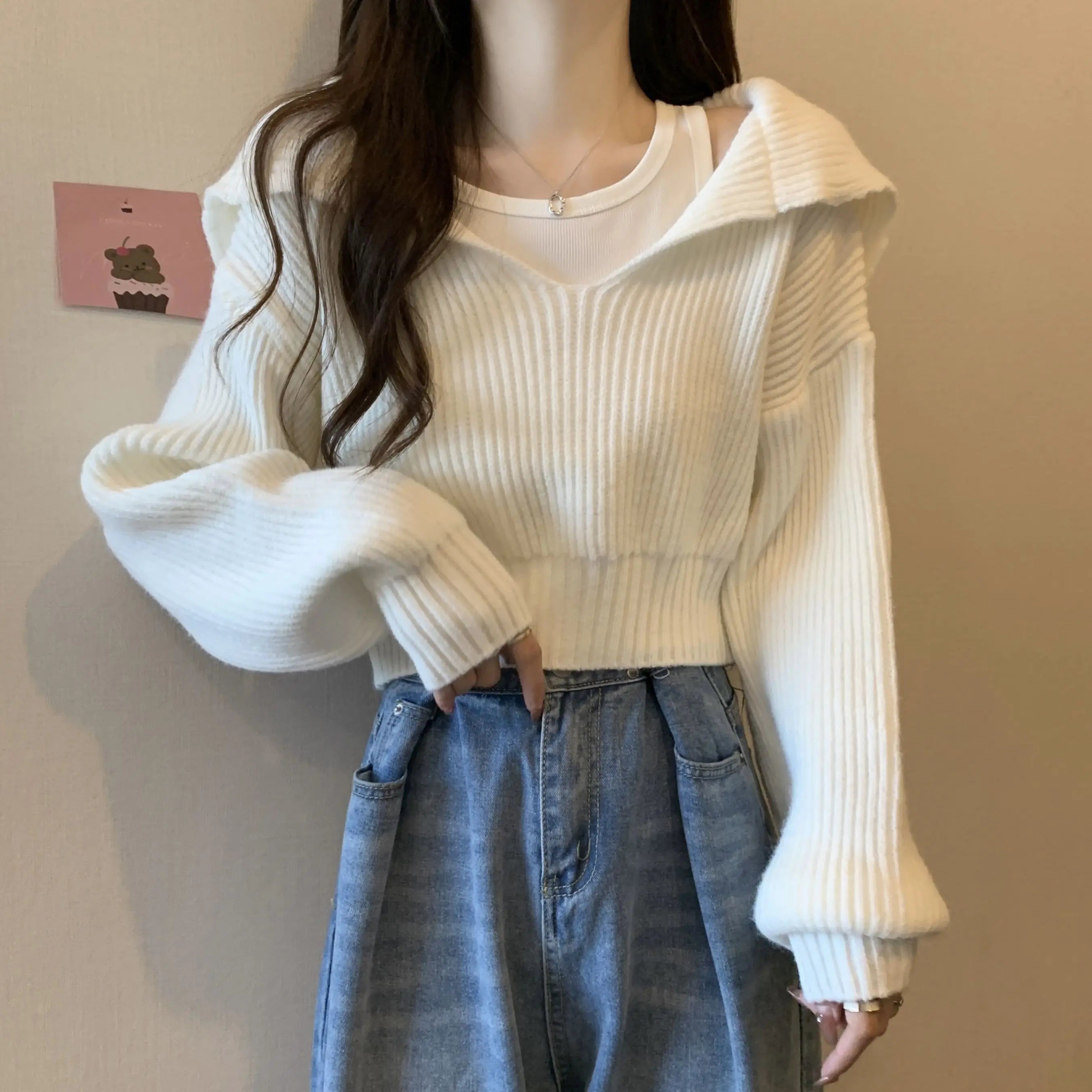 Hnewly Navy Neck V-neck Sweater for Petite Women Loose and Lazy Short Style Worn Outside Pullover Long Sleeved Knit Sweater