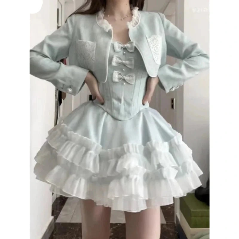 Hnewly Blue Sweet Kawaii Lolita Style Dress Sets Women Elegant Short Coat Bow Pearl Party Mini Dresses Suit Korean Y2k Sexy 2 Piece Set