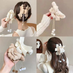 Hnewly cute winter outfits New Fashion Bow Tassel Pendant Hair Clips Korea Ponytail Plush Shark Claw Girls Fall and Winter Gift Hair Accessories