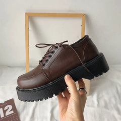 Hnewly Brown Platform Loafers Women Oxford Shoes Flat on Platform Casual Shoes Lace Up Leather Shoes Sewing Round Toe Zapatos Mujer