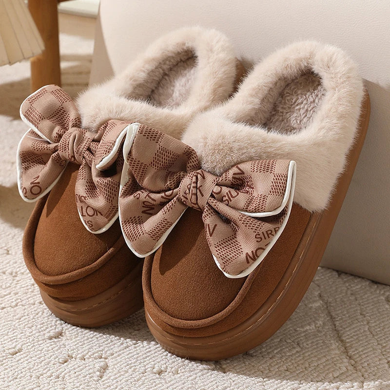 Hnewly Women's Warm Home Slippers Cute Autumn Winter Bow Thick Plush Non-Slip Leisure Shoes Soft Bedroom Platform Flat Slides