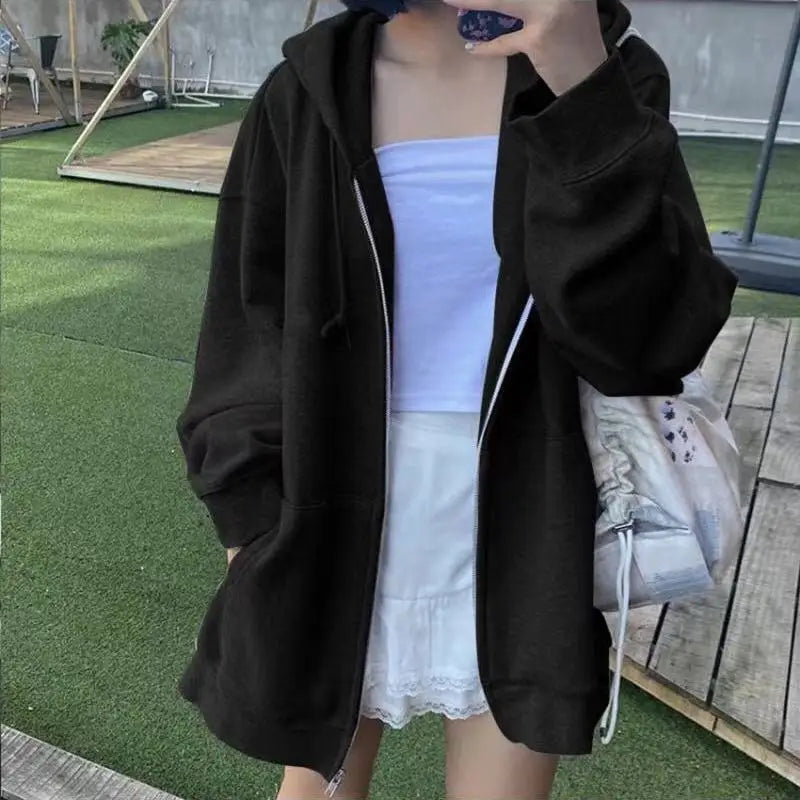 Hnewly Winter Sweatshirt Hoodie Oversize Fleece Hooded Cardigan Black White Women Clothes Solid Zip Up Hoodies Tops Long Sleeves