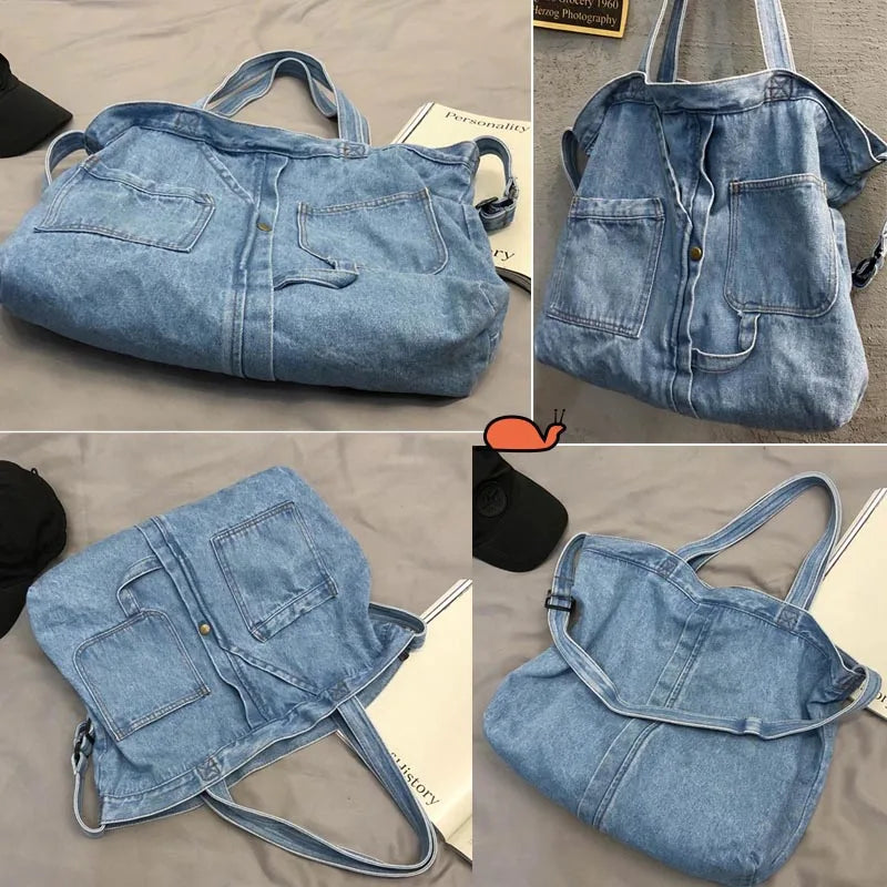 Hnewly BACK TO SCHOOL Denim Tote Bags for Women and Man Large Capacity Design Handbag Unisex Casual Blue Shoulder Shopping Pack Jeans Japan Style Y2K