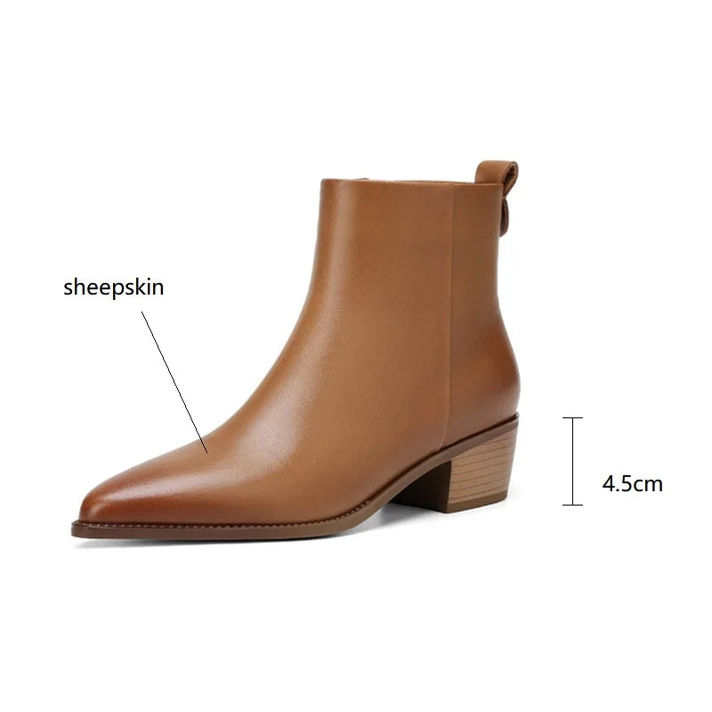 Hnewly New Autumn/Winter Genuine Leather Women Shoes Pointed Toe Chunky Heel Boots for Women Fashion Short Boots Zapatos De Mujer