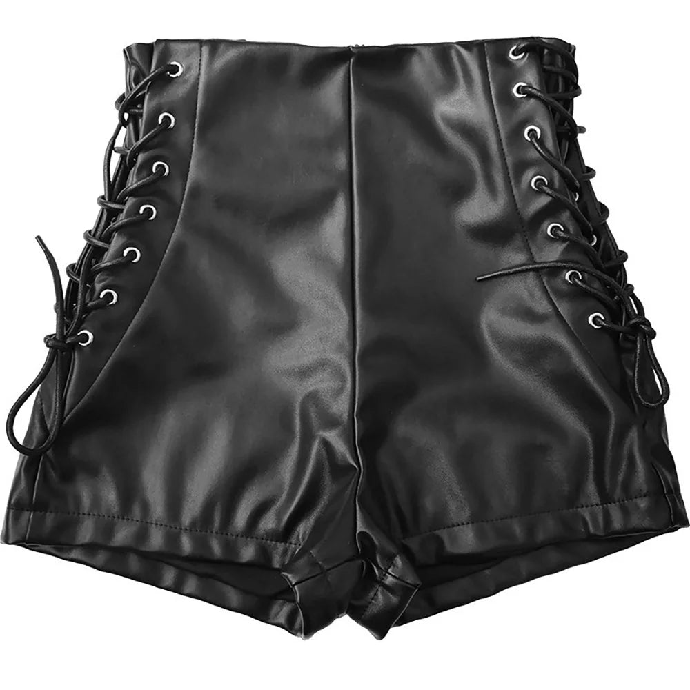 Hnewly Sexy Black PU Fashion Casual Summer Shorts Women Faux Leather Lace Up Goth Club High Waist Shorts Y2K  Slim Short Pants Ecoparty