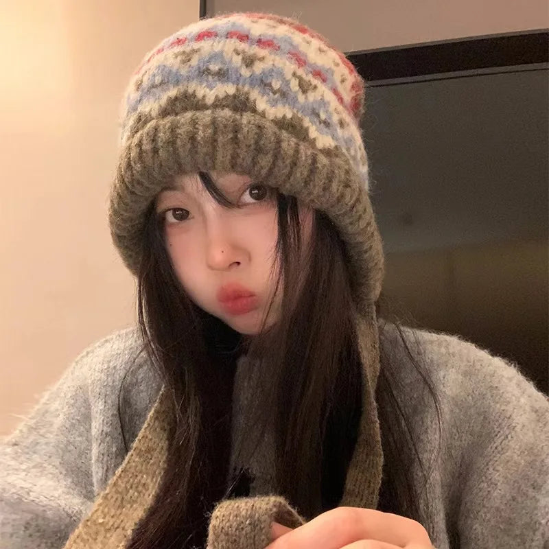 Hnewly warm winter outfits Women Ethnic Style Striped Spliced Knitted Woolen Hat for Autumn and Winter Thickened Warm and Cold Resistant Ear Protection