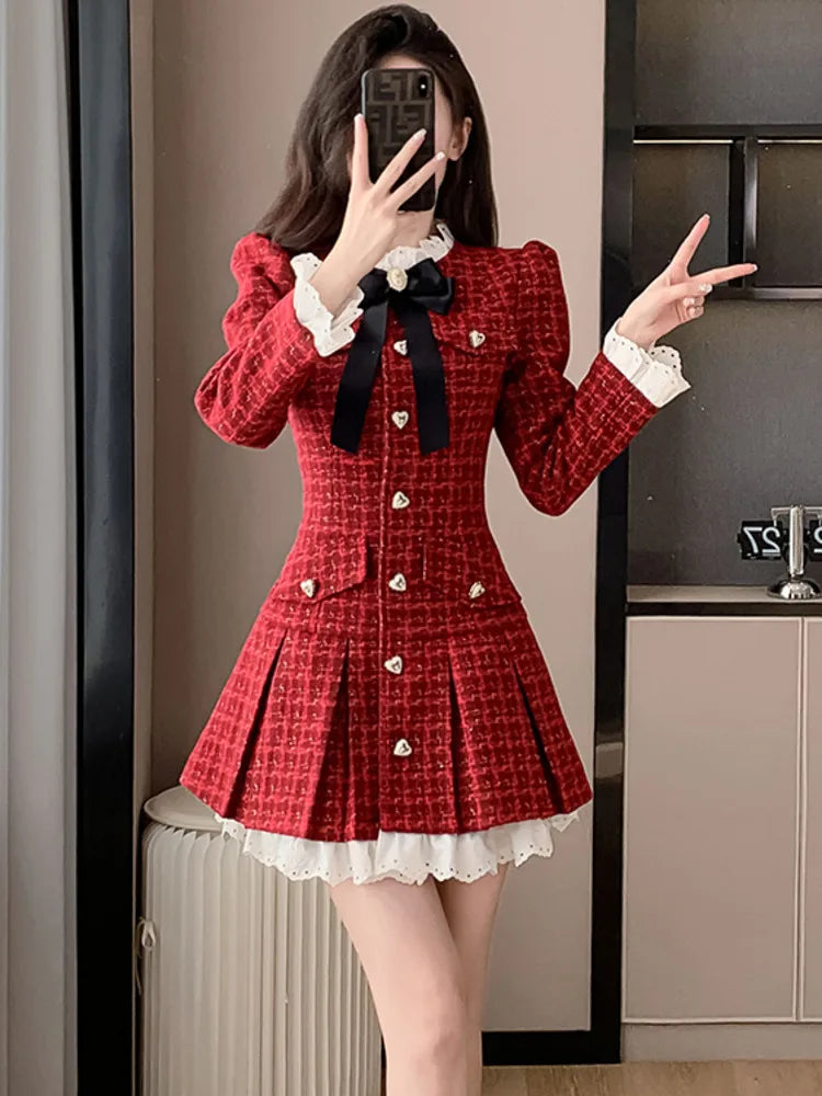 Hnewly French Light Luxury Tweed Pleated Dress Korean Sweet Long Sleeve Heart-shaped Buckle Ruffle Chic Office Ladies Vintage Dresses