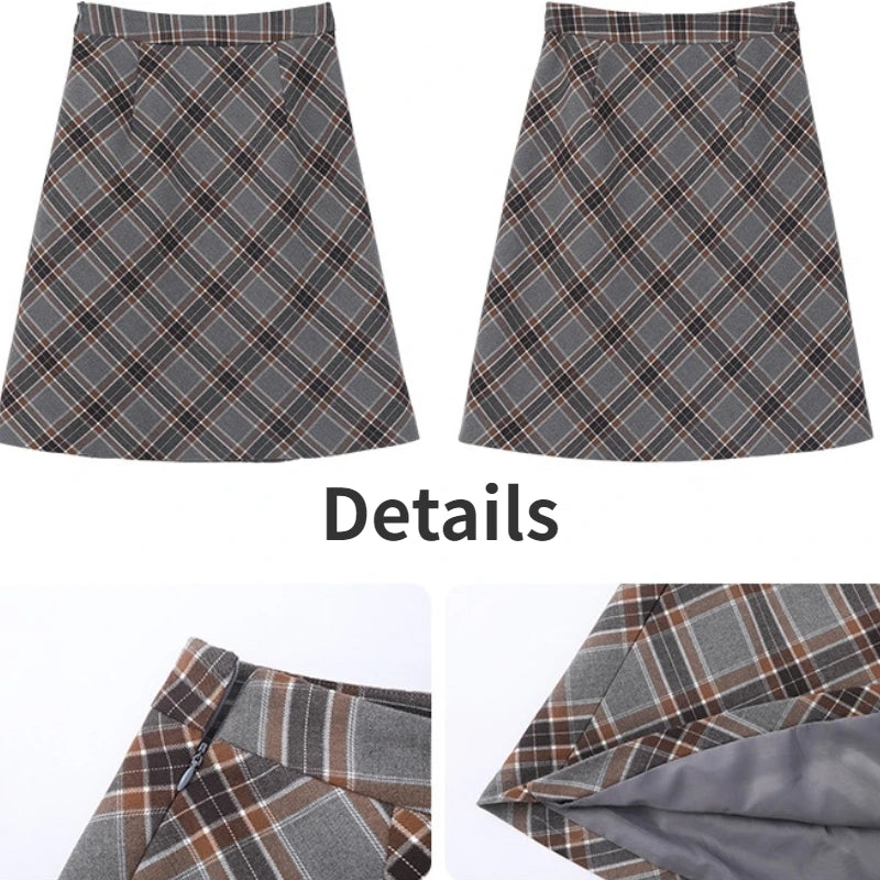 Hnewly Grey Plaid Skirts Women Autumn High Waist French Temper College A-line Skirt Faddish Simple Retro Designer Knee-length Faldas