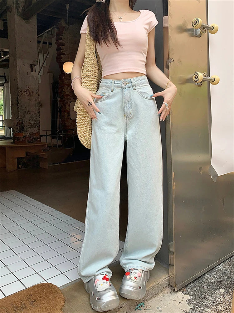 Hnewly Women's Pink Bow Embroidered Light Blue Jeans Young Girl Street Straight Bottoms Vintage Casual Trousers Female Wide Leg Pants