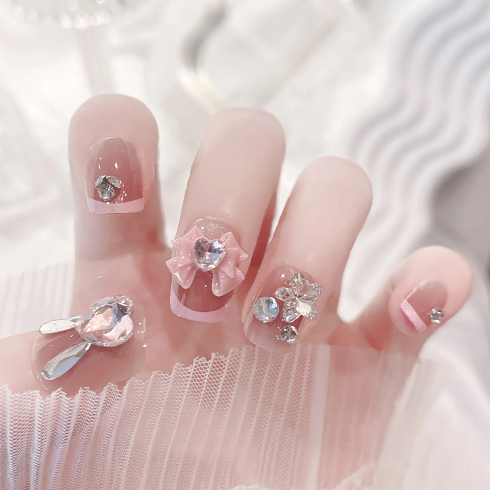 Hnewly Medium Length Fake Nails 3D Flower Pearl Designs Nude Pink Color Press on Nails Ballerina False Nails for Women DIY Manicure