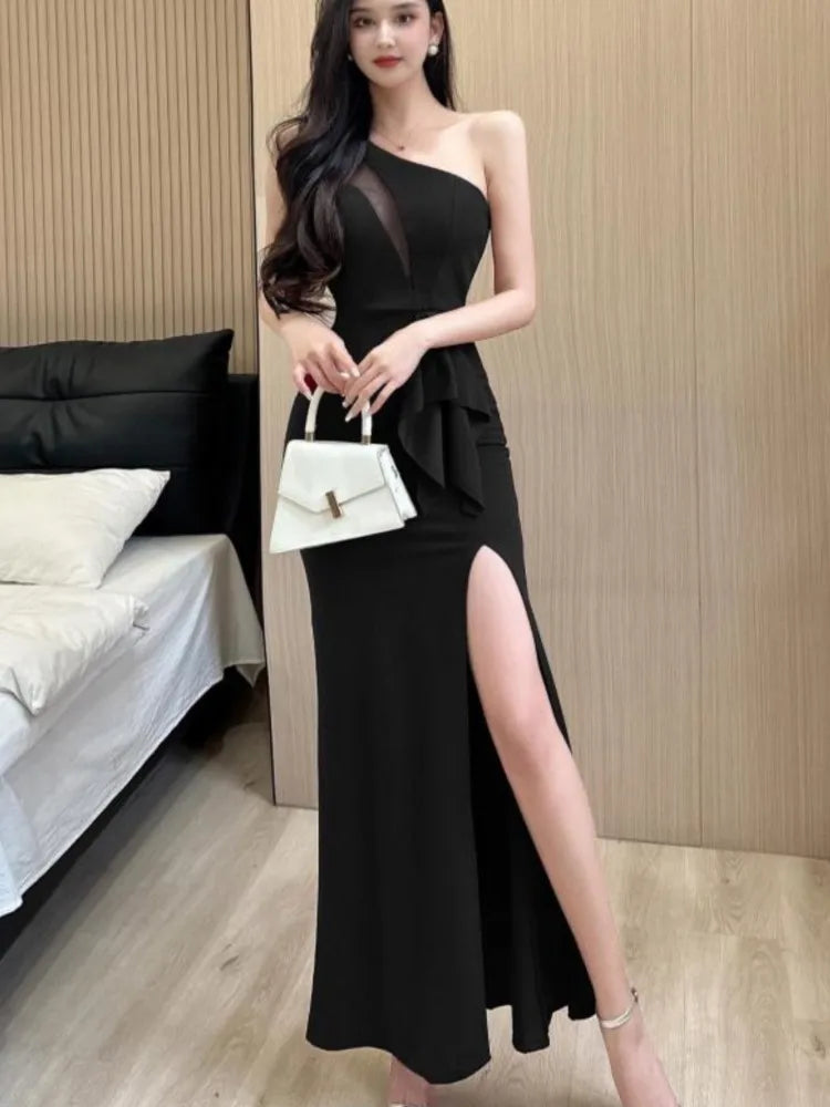 Hnewly Women Sexy Backless Slim Split Long Dress Summer Fashion Elegant Sleeveless Off Shoulder Elegant Club Party Mesh Dresses