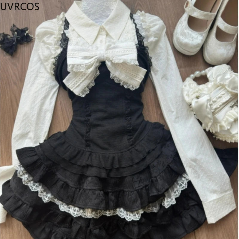 Hnewly Y2k Aesthetic Lolita Style 3 Piece Set Women Kawaii White Shirt Bow Lace Vest Ruffle Mini Skirts Japan Fashion Gothic Skirt Suit