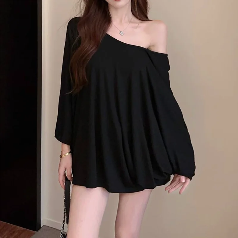 Hnewly Solid Oversized T-shirt for Women's Casual Loose Top Fashion Bat Sleeves Simple Sexy Off Shoulder Korean Baggy T shirts Autumn