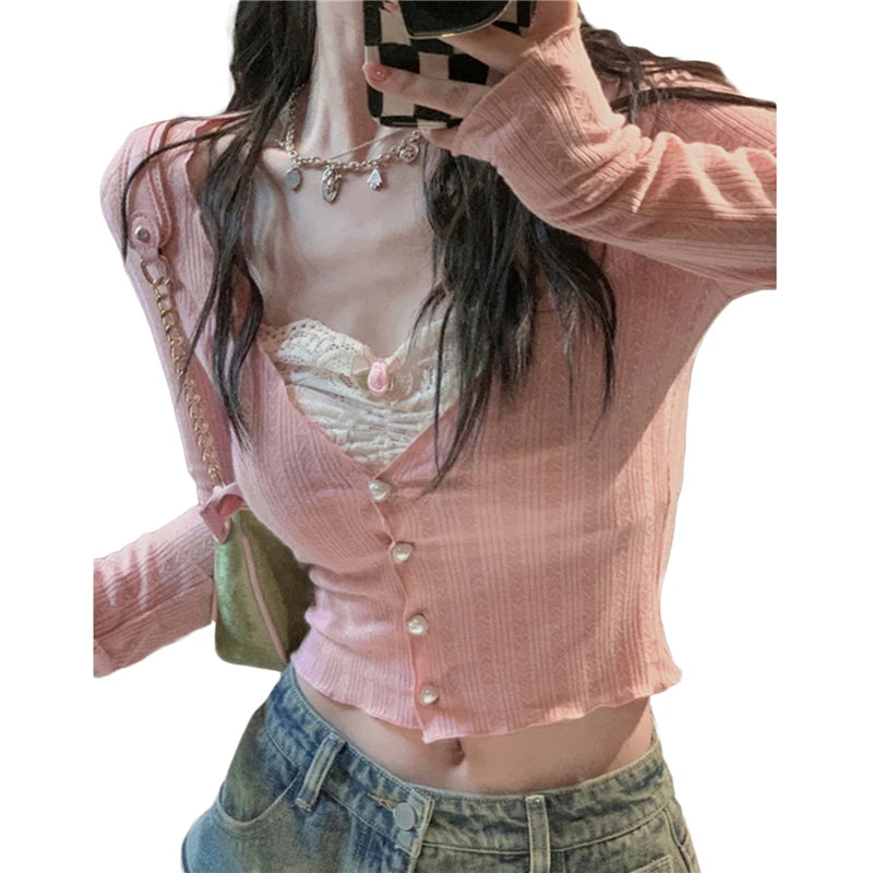 Hnewly Korean Fashion Crop Top y2k Aesthetic Sweet Lace Patchwork Long Sleeve T Shirt with Bow 2000s Women Clothes Streetwear