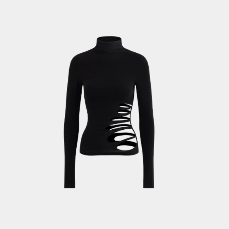 Hnewly Aesthetics Long Sleeve Black Turtleneck T-shirt Women Autumn Y2k E-grils Slim Fit Tees Sexy Fashion Hollow Out Tops Design