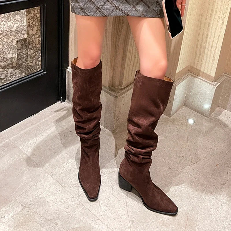 Hnewly Designer Vintage Women Knee High Boots Fashion Slip On Long Booties Autumn Winter Thick Heels Ladies Shoes