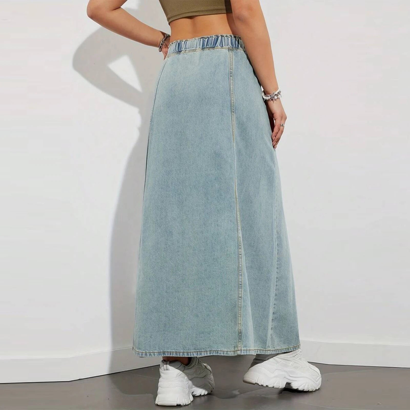 Hnewly Spring Autumn Women's Denim Midi Skirt Korean Low Waist Long Skirts Women Y2K Clothes Streetwear Casual Loose Straight Skirts