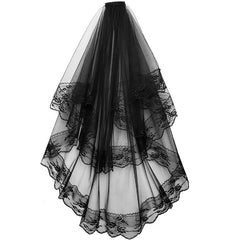 Hnewly 2 Tier Black White Flower Lace Edge Bridal Veils with Comb Elegant Vintage Wedding Cosplay Performance Hair Accessories