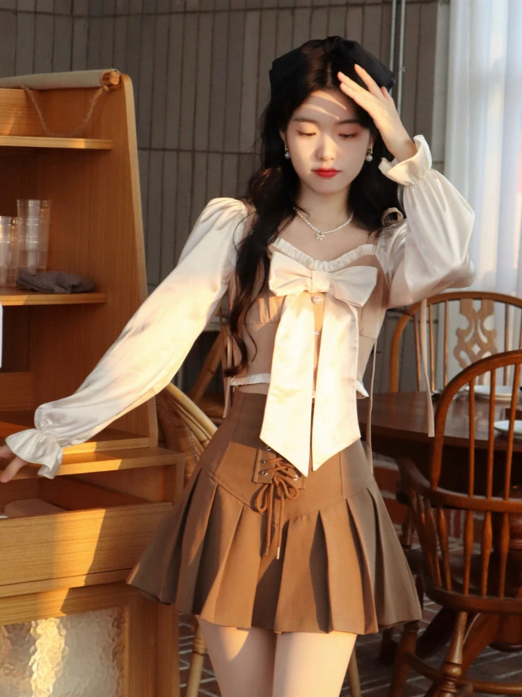 Hnewly DRESS TO IMPRESS Korean Style Fairy Two Piece Set Women France Vintage Blouse + Bandage Mini Skirt Female Sweet Elegant Party Mini Skirt Set