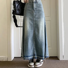 Hnewly Y2k Raw Edge Stitch Maxi Denim Skirt Plain Casual High Waist Long Jeans Skirt Korean Dongdaemun Retro Women Streetwear