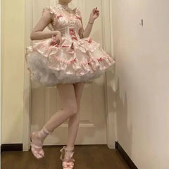 Hnewly Sweet Lolita Princess Dress Women Sweet Bow Ruffles Evening Party Mini Dress Japanese Harajuku Retro Kawaii Y2k Vestidos