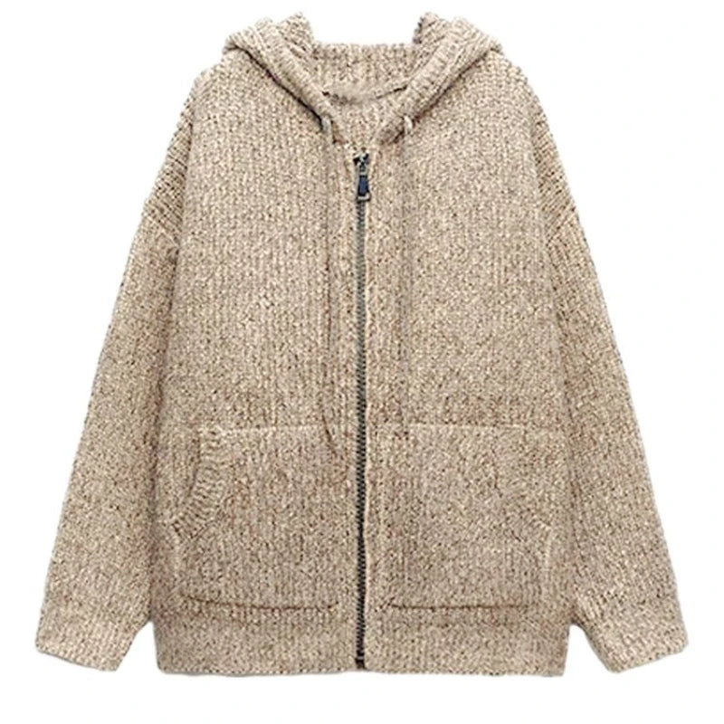 Hnewly Zipper Hooded Knitted Cardigan Women Harajuku Vintage Knitwear Preppy Style Solid Casual Warm Sweaters Coat Oversize