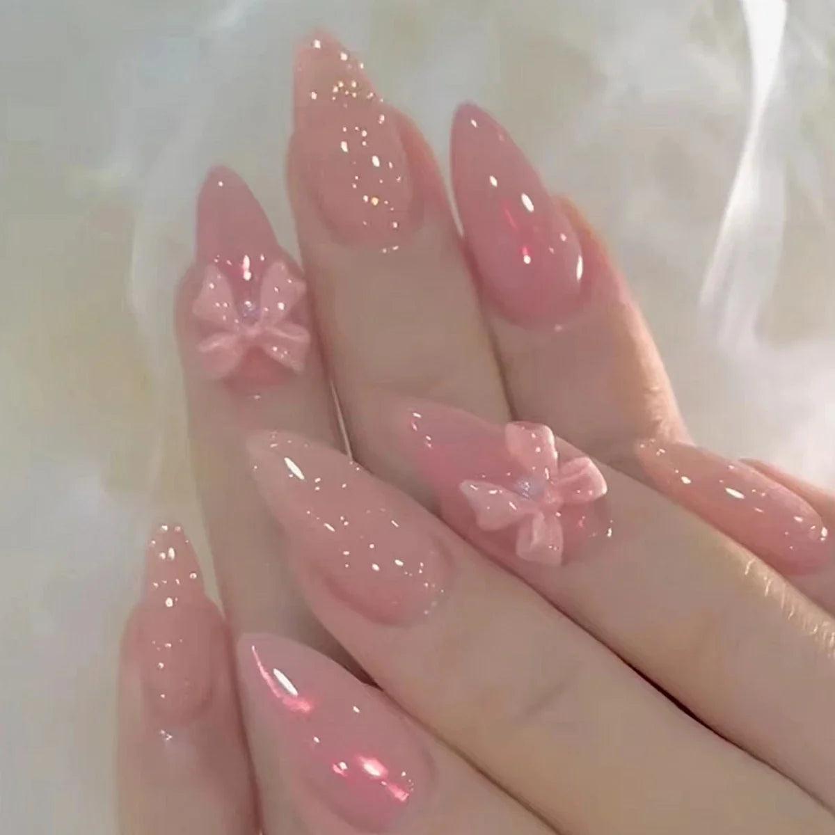 Hnewly 24PCS Pink Cute Girl Bow French Nail Art Full Cover Wearable Detachable Fake Nails Press On Nails Almond False Nail