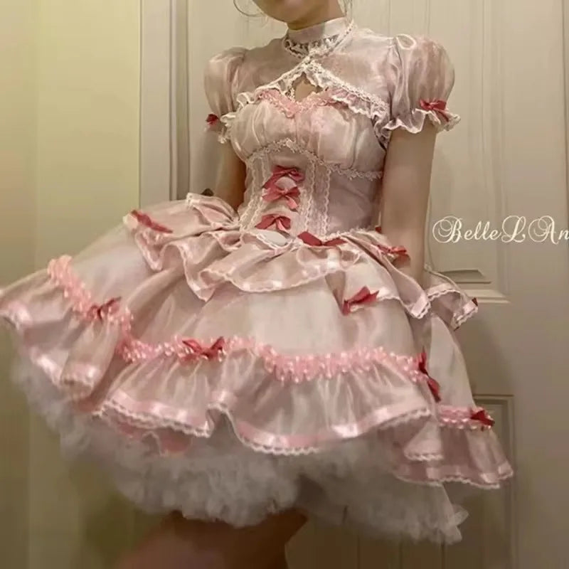 Hnewly Sweet Lolita Princess Dress Women Sweet Bow Ruffles Evening Party Mini Dress Japanese Harajuku Retro Kawaii Y2k Vestidos