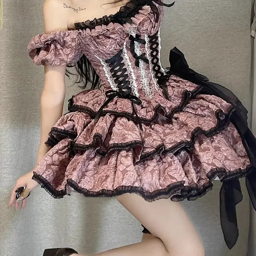 Hnewly DRESS TO IMPRESS Gothic Lolita Jsk Dress Women Victorian Retro Elegant Flower Ruffles Lace Bandage Mini Dress Halloween Girl Sweet Dress