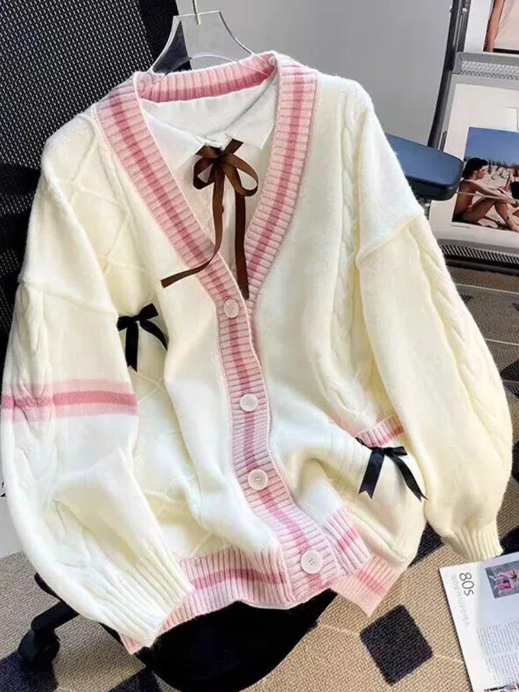 Hnewly Sweet Bow Knitted Cardigans Y2k Aesthetic All Match Contrast Color Coats Fashion Single Breasted Women Kawaii JK Sweaters Jumper