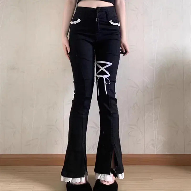 Hnewly Sweet Spice Girl Little Lace Strap Jeans Spring Summer New Ins Slim Elastic Split Horn Wide-leg Denim Pantalones High Waist Pant