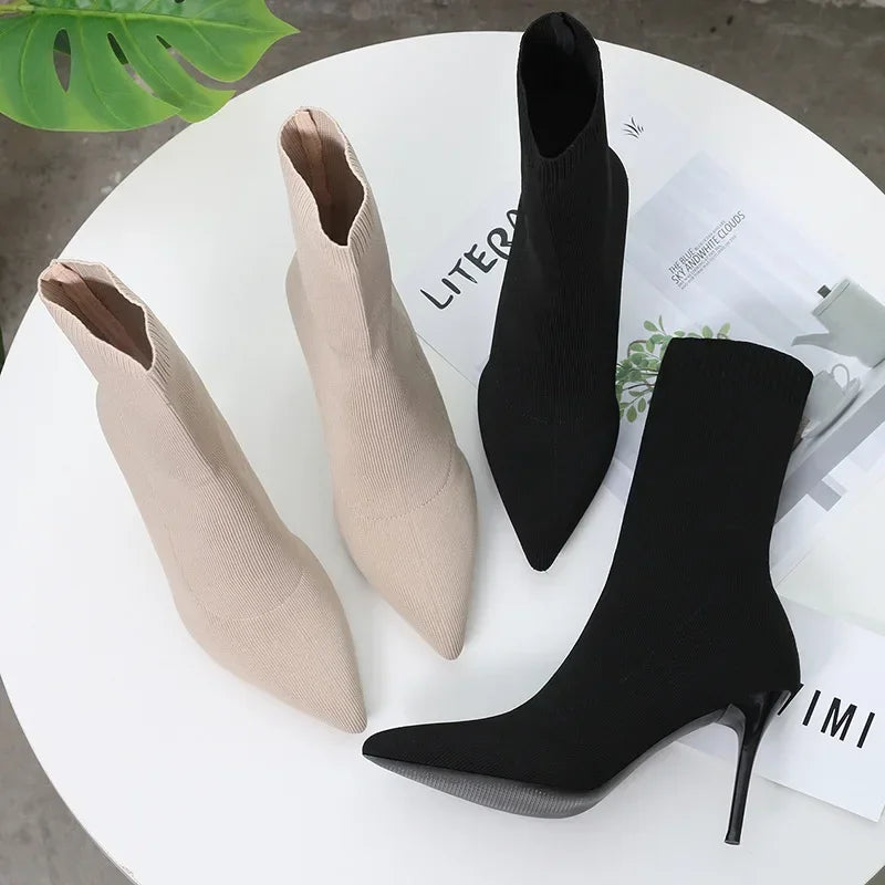 Hnewly Sexy Sock Boots Knitting Stretch Boots High Heels for Women Fashion Shoes Spring Autumn Ankle Boots Female