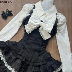 Hnewly Y2k Aesthetic Lolita Style 3 Piece Set Women Kawaii White Shirt Bow Lace Vest Ruffle Mini Skirts Japan Fashion Gothic Skirt Suit