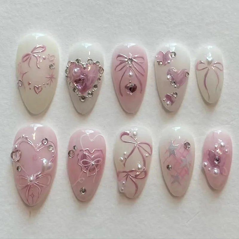 Hnewly 24pcs Sweet False Nail Patches Detachable Fake Nail Tips With Bowknots Love Heart Pearl Design Pink Almond Korean Press On Nail