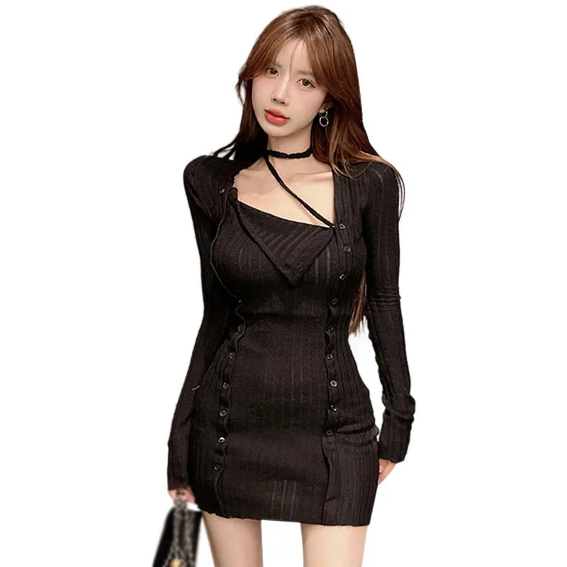 Hnewly FALL OUTFITS Women Long Sleeve Tight Dress Split Short Slim Fit Dress Lady Autumn Hanging Neck Dress Sexy Party Halter Elastic Bodycon Dress