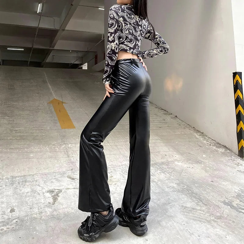 Hnewly leather pants outfits winter Women's Y2K Slim Fit Solid Flare Pu Leather Long Pants Button High Waist Elastic Trousers with Pockets Party Clubwear