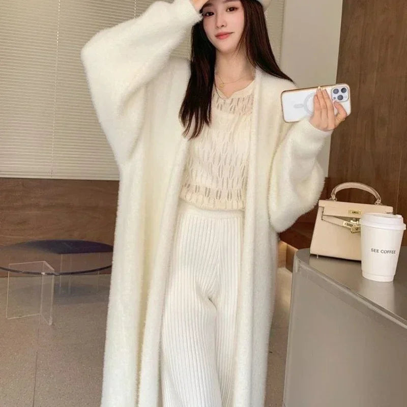 Hnewly Elegant Sweet Long Sweater Cardigan Women Korean Style Sweaters Coat Autumn Winter Solid Loose Casual Vintage Cardigan