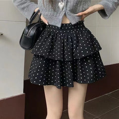 Hnewly Sweet Kawaii Mini Skirt Women Grey Korean Style Elegant Dot Short Skirts Coquette Fashion High Waist Cute Ruffle Skirt