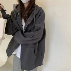 Hnewly Women Solid Hoodies Coat Harajuku Basic Long Sleeve Spring Autumn Loose Zip Up Casual Oversized Sweatshirts Jacket with Pocket