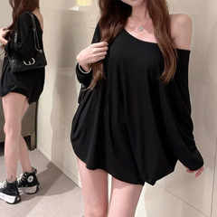 Hnewly Solid Oversized T-shirt for Women's Casual Loose Top Fashion Bat Sleeves Simple Sexy Off Shoulder Korean Baggy T shirts Autumn