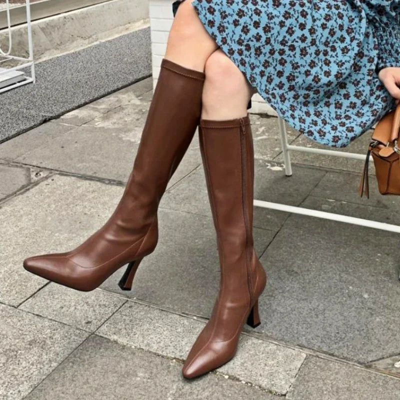 Hnewly Winter Women Long Boots Fashion Thin High Heel Knee High Booties Ladies Black Brown Sexy Woman Knight Boats Botas De Mujer