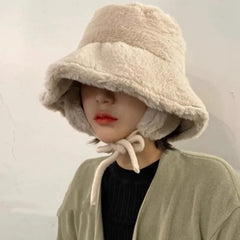 Hnewly Korean New Ear Protection Bucket Hats for Women Autumn and Winter Travel Versatile Warm Retro Solid Color Plush Men's Caps