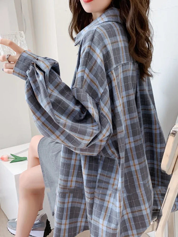 Hnewly Fashion Plaid Women Shirt Fashion Korean Oversize Tops Harajuku Daily All-match Long Sleeve Chic Female Yellow Shirts New