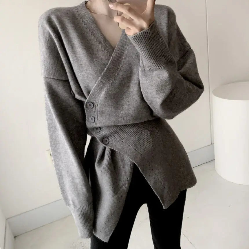 Hnewly Women Clothing Knitted Bottom White Sweater for Women Autumn/Winter High end Irregular Split Waist and Slimming V-neck Sweaters