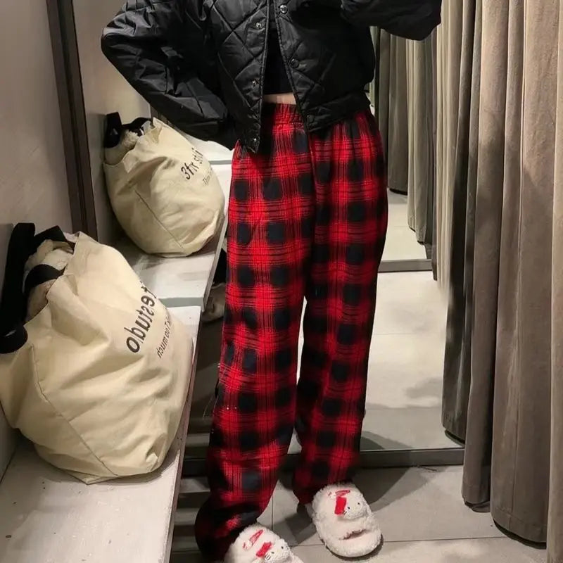 Hnewly warm winter outfits Padded Thickened Wide Leg Pants Winter LambswoolPlaid Pants Female High Waist Casual Straight Pants