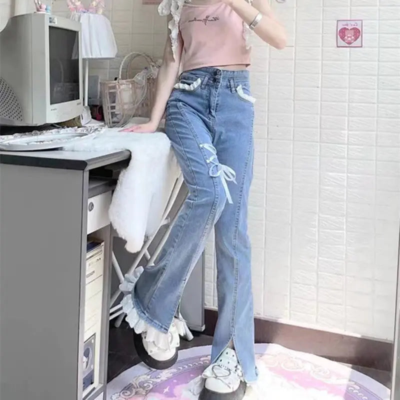 Hnewly Sweet Spice Girl Little Lace Strap Jeans Spring Summer New Ins Slim Elastic Split Horn Wide-leg Denim Pantalones High Waist Pant